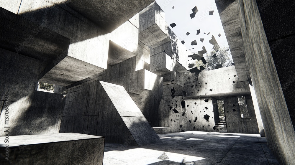 Poster abstract architecture in grey tones with dynamic fragmentation effect