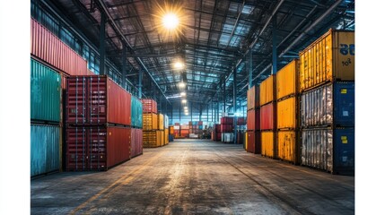 Large warehouse interior featuring shipping containers stacked neatly inside