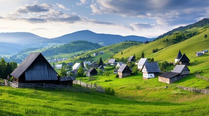 Serene mountain village nestled in a verdant valley, traditional wooden houses under a partly cloudy sky. Lush green hills and distant mountains create a picturesque landscape.