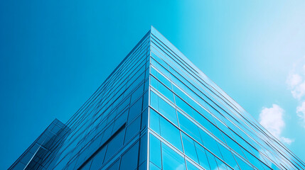 Modern glass building against a bright blue sky with a few clouds on a sunny day looking upward