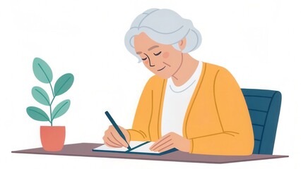 Wellness and Self-Care Concepts. Elderly woman writing in a notebook with a potted plant nearby.