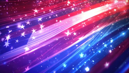 Obraz premium 3D rendering with a red, white, and blue background featuring glowing stars in the air, an American flag,