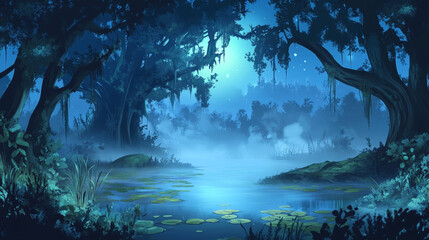 Fototapeta premium Swamp in night forest with creepy trees, vines and mysterious haze floating over deep water. Nature landscape with marsh in wood. Game background, fantasy mystic wild pond, Cartoon vector illustration