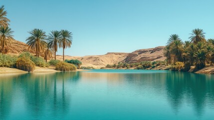 A scenic oasis with palm trees and tranquil water under a blue sky