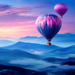 Fototapeta premium Two hot air balloons, purple and pink, soar over a misty mountain range at sunrise. Soft light bathes the scene in a serene, ethereal glow.