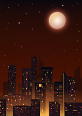 Naklejka premium City night landscape vertical illustration orange atmosphere city skyline