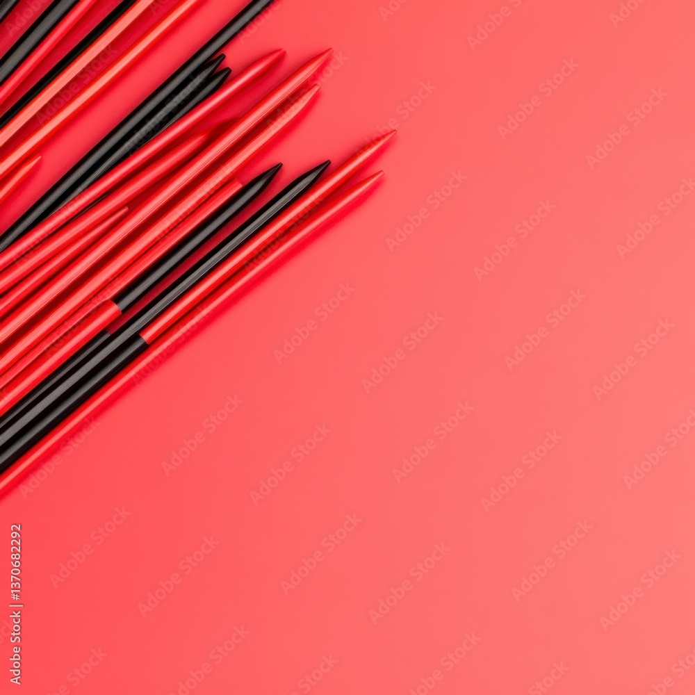 Poster red and black knitting needles arranged on a red background. the needles are sharply angled, creatin
