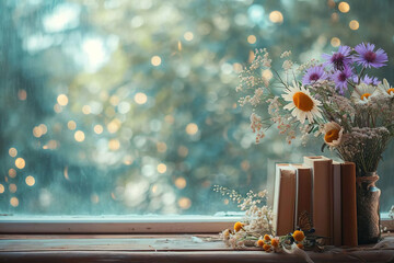 Beautiful bouquet of wildflowers and books on a windowsill, perfect for a cozy aesthetic., space for text