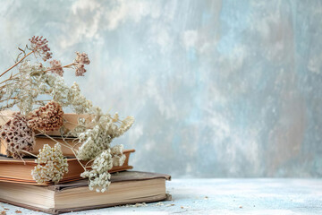 Dried flowers atop a stack of aged books on a light blue background., space for text