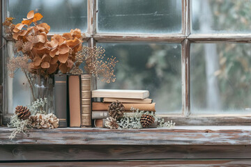 Autumnal Still Life with Books and Dried Flowers