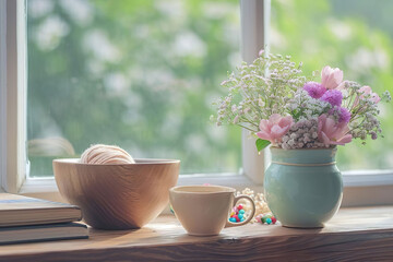 cup of coffee with books and flowers on a windows sims, space for text