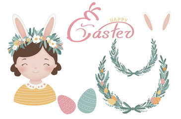 Easter clipart set with a cute girl wearing bunny ears and a floral wreath, hand-drawn 