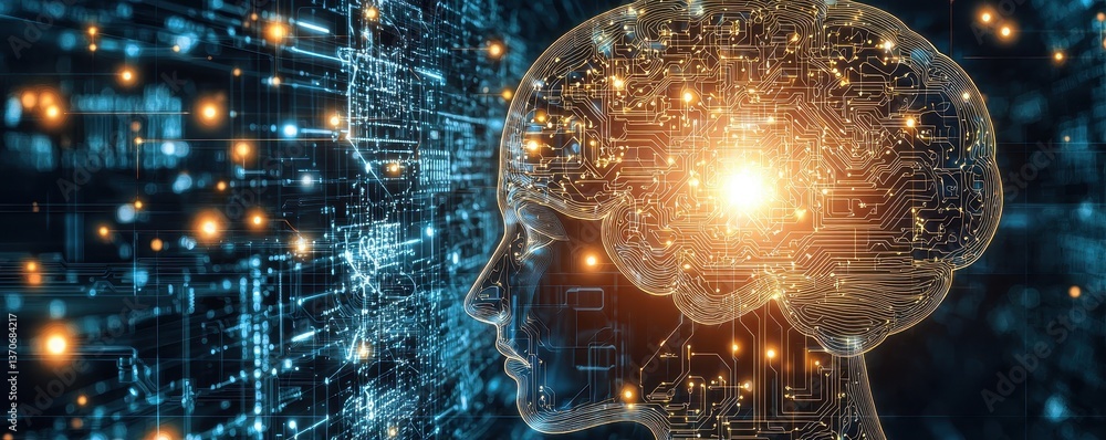 Poster a digitally rendered human head with a glowing brain, surrounded by circuit patterns and bright ligh