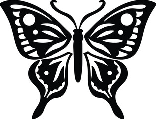 Elegant Butterfly Silhouette: A symmetrical, black and white butterfly silhouette is presented against a plain background, showcasing intricate wing patterns, perfect for design and artistic projects.