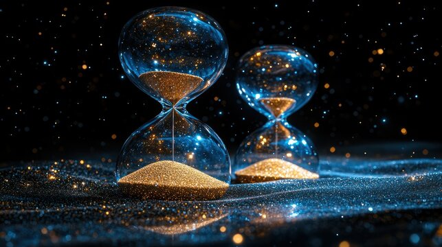 Two hourglasses, golden sand, dark background