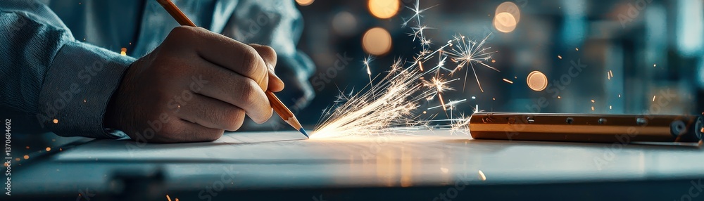 Poster a close-up of a hand sketching with a pencil, creating sparks, suggesting innovation and craftsmansh