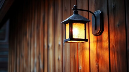 A lit outdoor lantern attached to wooden planks at dusk
