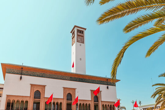 Moroccan administrative building with clock tower on Mohammed V Square in Casablanca