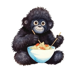 gorilla eating ramen noodle cute watercolors illustration on white background