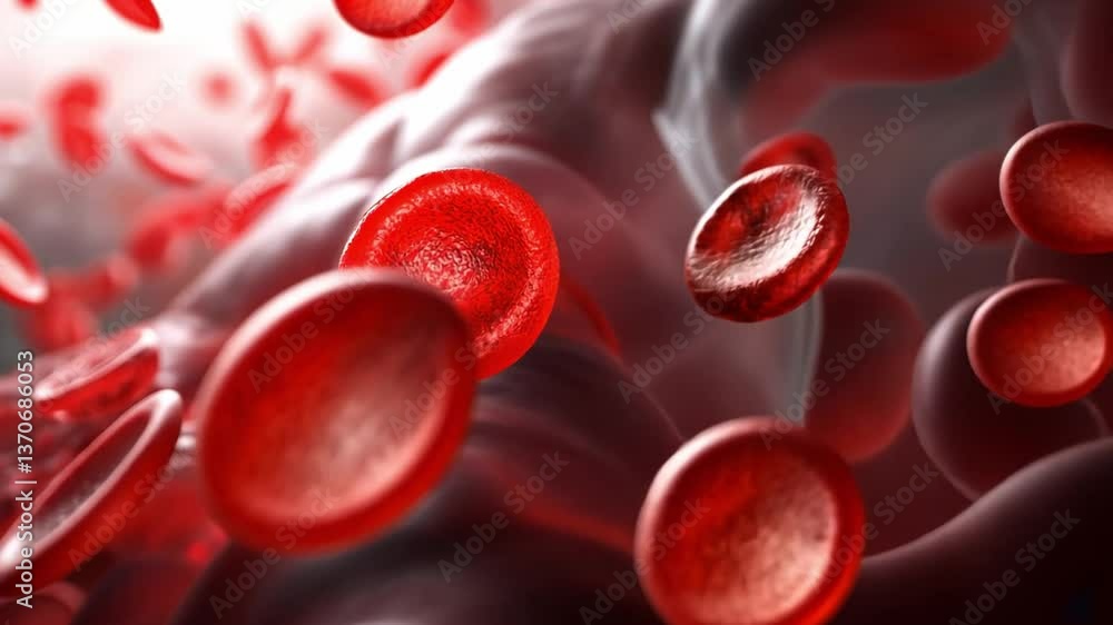 Poster close-up view of red blood cells flowing in human circulation, highlighting their structure against 