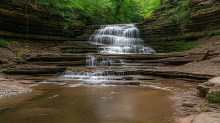 A beautiful cascading waterfall flows within a rocky gorge setting