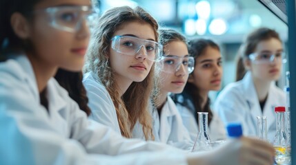 Fototapeta premium A group of students in white lab coats observing a chemistry demonstration