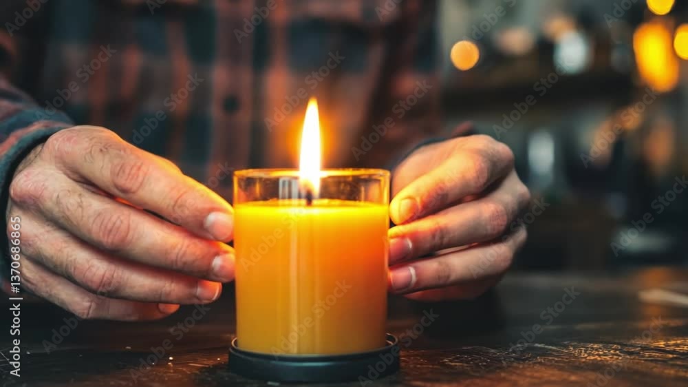 Poster hands gently holding a lit candle with a warm glow in a cozy atmosphere of a rustic setting, capturi