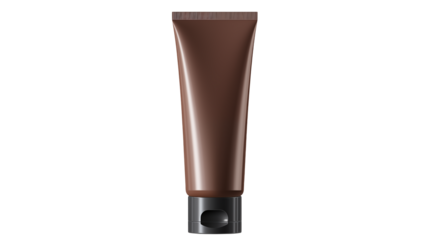 A close up shot of a brown tube with a gray cap against a dark black background studio shot