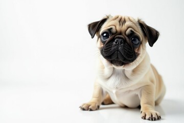 Charming pug, looking at camera, pure white backdrop, wrinkles, charming