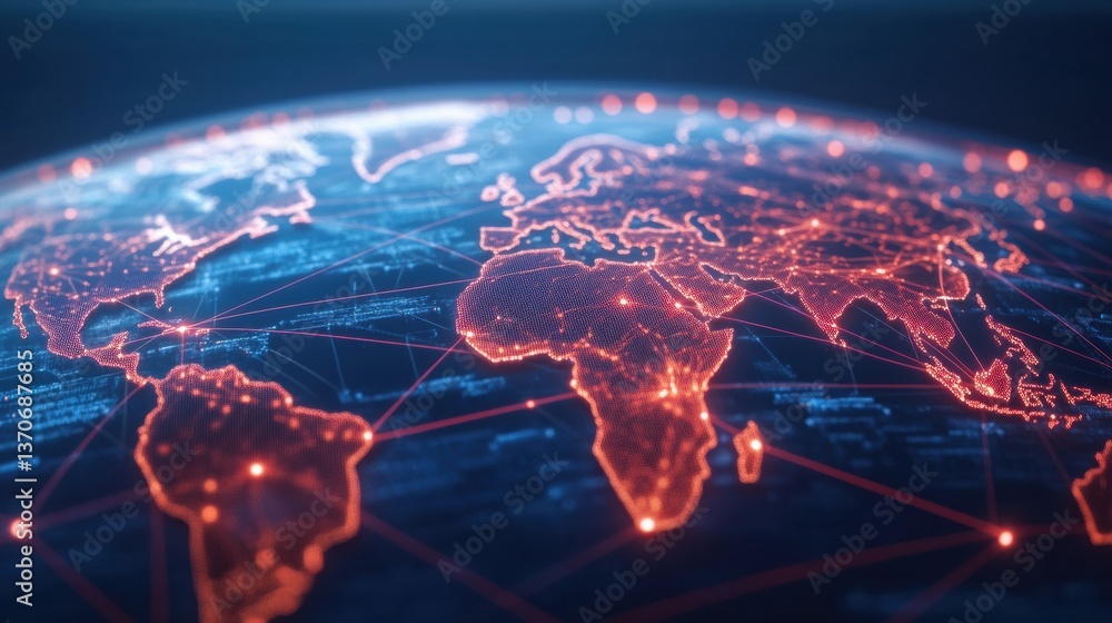 Poster a vibrant digital globe with glowing lines connecting continents, representing a networked world and