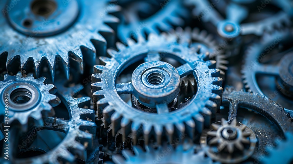 Poster close-up macro view of interlocking metal gears and cogs. cool blue toned industrial background high