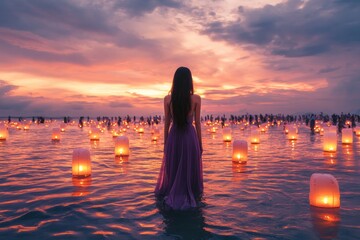 Fototapeta premium A beautiful girl with long hair stands in the middle of an endless sea, surrounded by floating lanterns against her back and many people on both sides at sunset