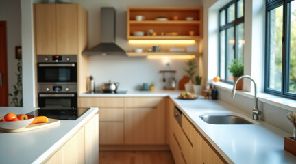 bright modern kitchen with light wood cabinets and sleek countertops