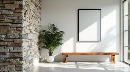 minimalist interior scene with a wooden bench a potted plant and a blank frame