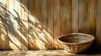 Woven basket sits by wood backdrop with shadow effects and sunlight