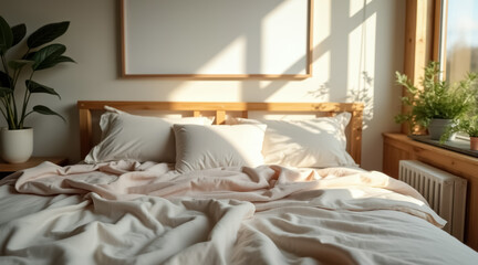 sunlit bedroom with cream-colored linens and wooden bed frame