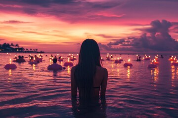 A beautiful girl with long hair stands in the middle of an endless sea, surrounded by floating lanterns against her back and many people on both sides at sunset