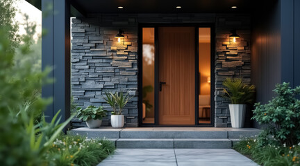 modern home entrance with wooden door and stone facade