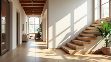 sunlit hallway with wooden staircase and minimalist