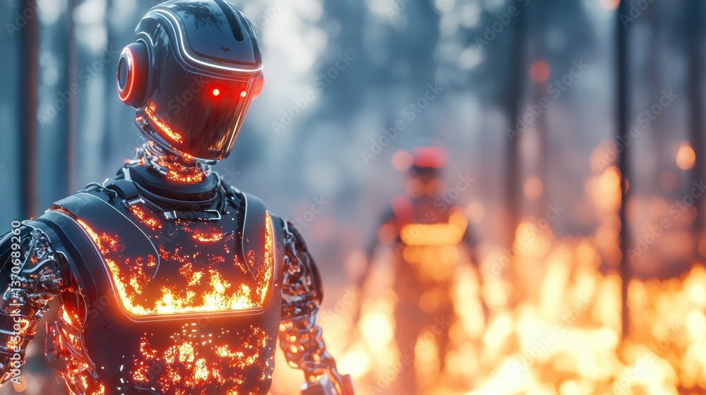 Poster a futuristic scene featuring a robot in a fiery environment, emphasizing technology and resilience a