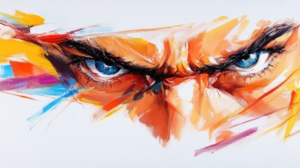 Intense blue eyes stare sharply, painted with dynamic strokes of orange, yellow, white, blue, and black hues