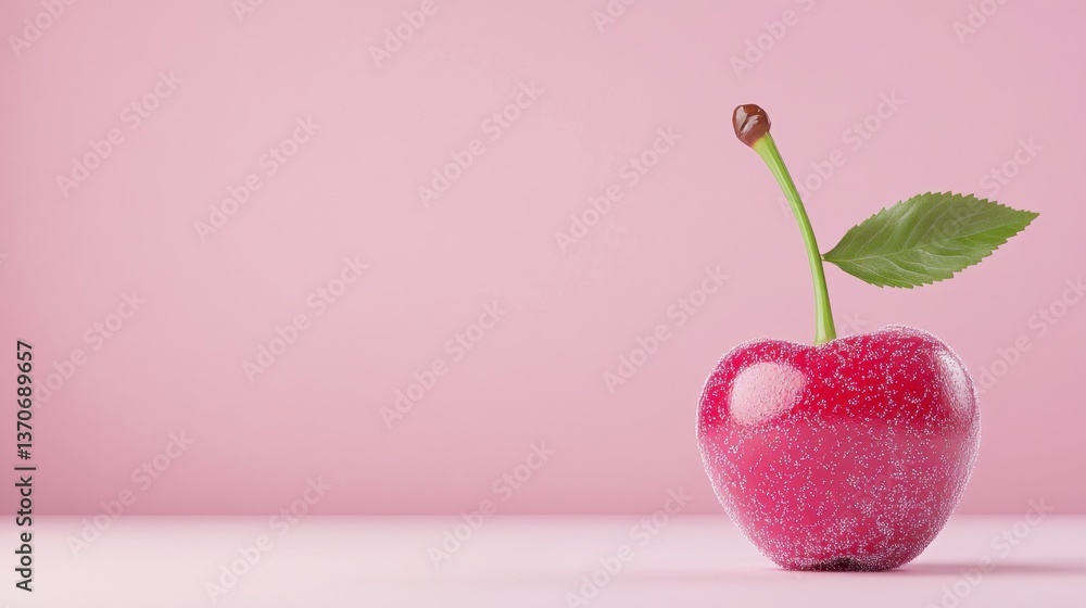 Aufkleber single red cherry with stem and leaf, adorned with sparkling particles, rests on a pale pink surface