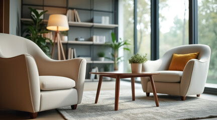 two armchairs and a dark wood coffee table in a modern living room setting
