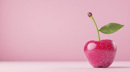 Single red cherry with stem and leaf, adorned with sparkling particles, rests on a pale pink surface against a pink background. The image is digitally rendered with a slightly pixelated style.