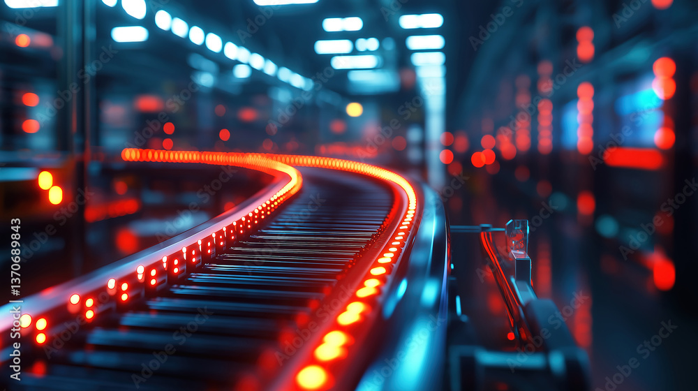 Poster digital displays and conveyor systems in a modern logistics environment with a blurred background