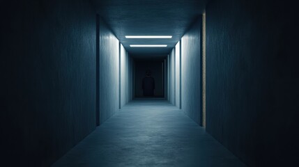A dark corridor with illuminated walls, featuring a silhouetted figure at the end, creating an eerie and suspenseful atmosphere.
