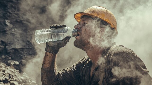 Thirsty miner drinks water under dusty conditions after completing hard work