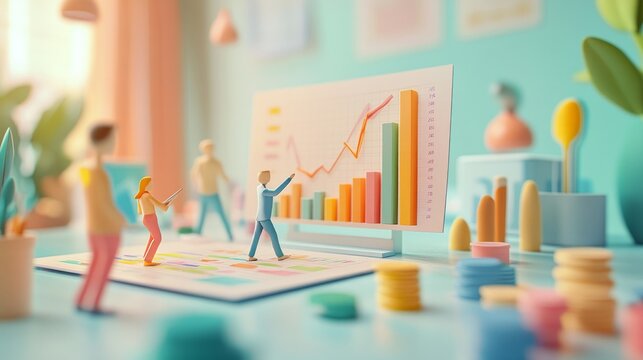 3D figures examining a financial trend chart on a table, collaborative atmosphere, soft color palette