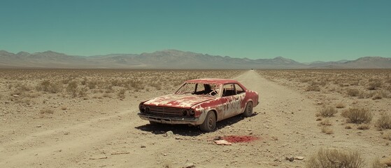 Desert landscape with damaged vehicle on a barren road under a clear sky
