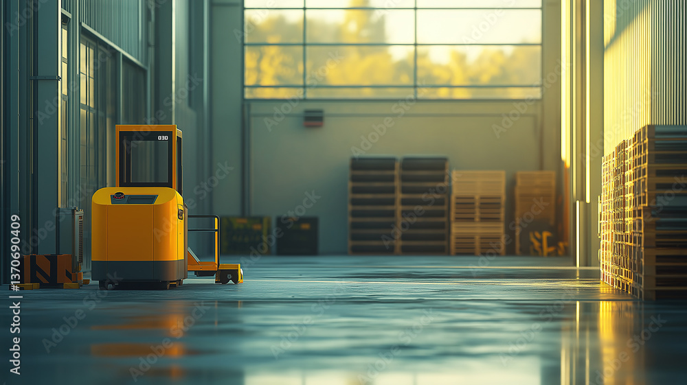 Poster robots unloading and moving goods with automatic tracking and warehouse tech in design visualization